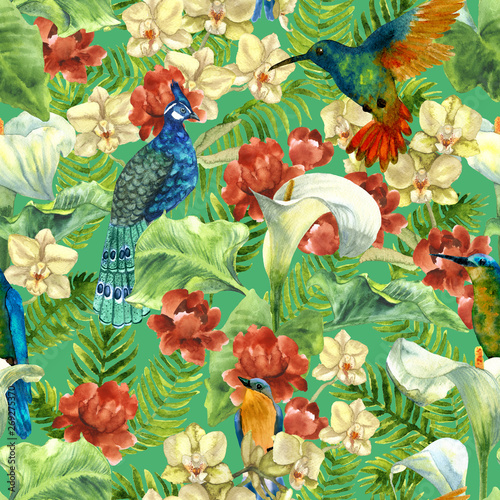Tropical pattern with paradise birds, flowers and palms