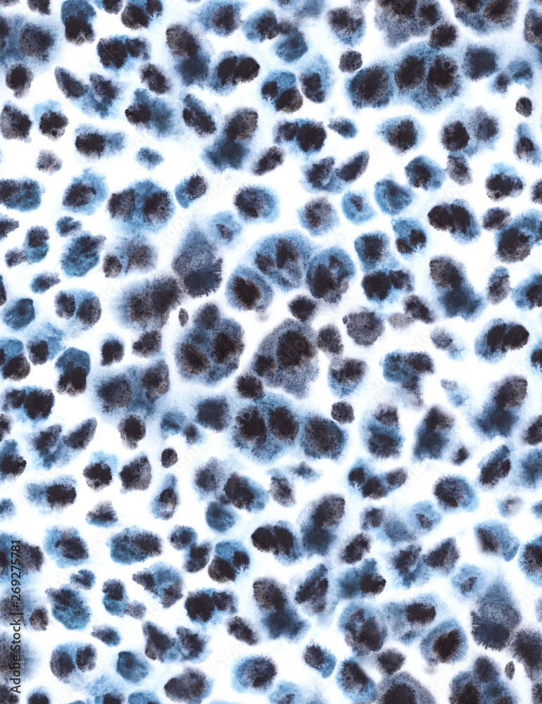 Seamless leopard fur blue and white watercolor pattern. Animal print.