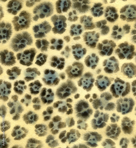 Seamless leopard fur brown and blue watercolor pattern. Animal print.
