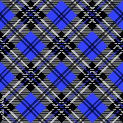 Seamless diagonal textile cyan black and white tartan plaid pattern vector