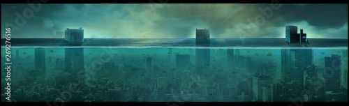 Vászonkép Nuclear underwater city, apocalyptic landscape, digital art