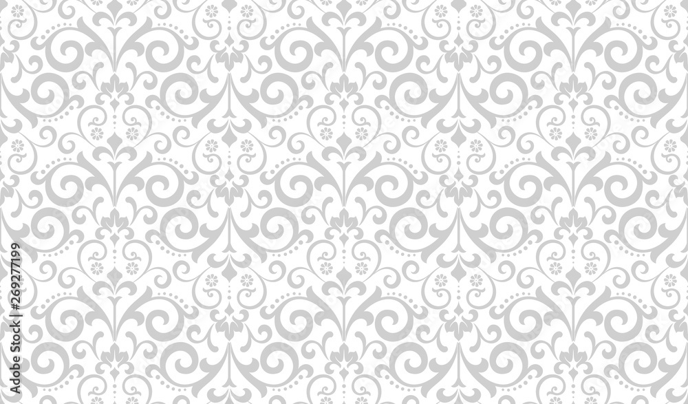 Wallpaper in the style of Baroque. Seamless vector background. White and grey floral ornament. Graphic pattern for fabric, wallpaper, packaging. Ornate Damask flower ornament.