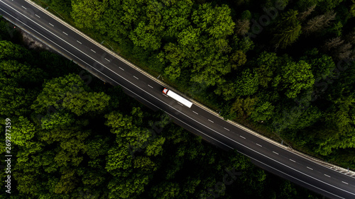 The road artery leads through the forest