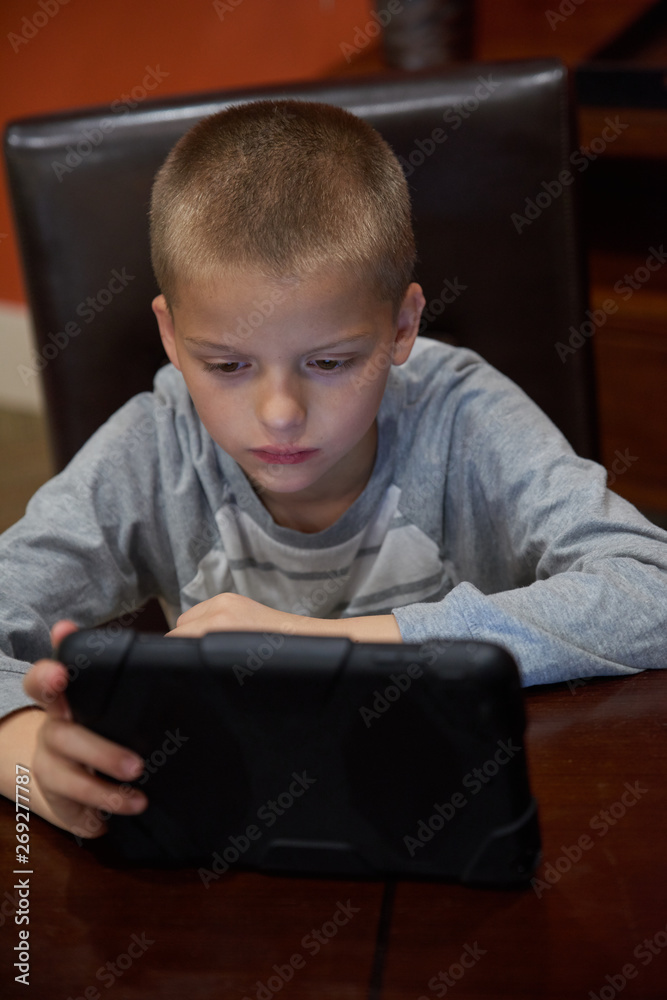 Boy using tablet indoors to learn. Boy using tablet indoors to learn.