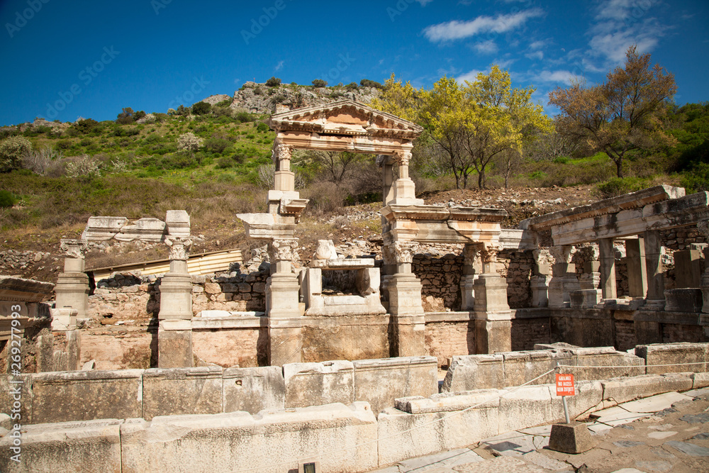 Ruins of the Library of Celsus and ephesus antiq theater in Ephesus izmir turkey