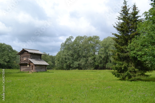 Beautiful view of the old wooden house standing on a green meadow against the sky with clouds.