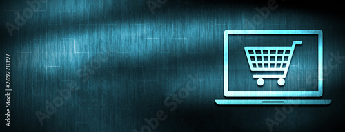 Online shopping cart laptop icon abstract blue banner background