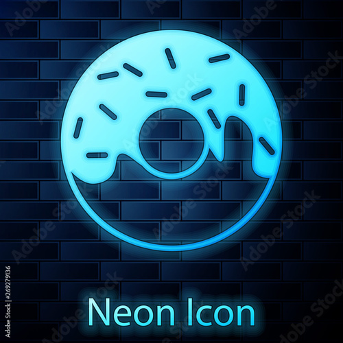 Glowing neon Donut with sweet glaze icon isolated on brick wall background. Vector Illustration