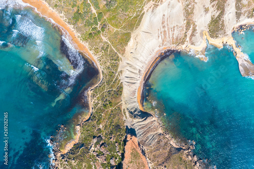 Quadro su tela Aerial view from height of the isthmus of the peninsula coastlinescenic sliffs near the mediterranean turquoise water sea