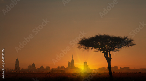 Silhouette of tree in front of city skyline at sunset in Nairobi, Kenya