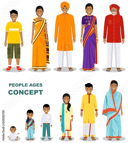 East people generations at different ages isolated on white background in flat style. Indian man and woman aging: baby, child, teenager, young, adult, old people. Vector illustration.