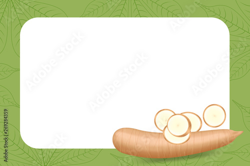 banner frame of cassava fresh for copy space, cassava cut slice for tapioca flour industry or ethanol, pile yucca cassava tuber on frame, raw manioc cassava on template banner green background empty
