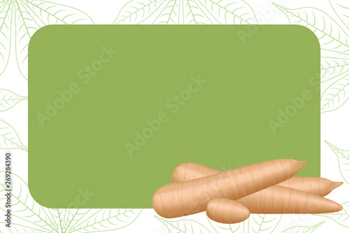 banner frame of cassava fresh for copy space, cassava cut slice for tapioca flour industry or ethanol, pile yucca cassava tuber on frame, raw manioc cassava on template banner green background empty