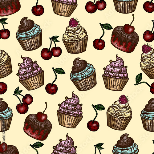 Vector hand drawn colorful seamless pattern of cupcakes and cherries.