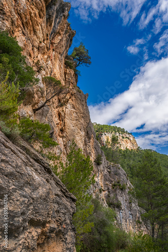 Rocks in mountains. Hiker route in the "Hundido de Armallones ", in the Alto Tajo Natural Park, Guadalajara, Spain.