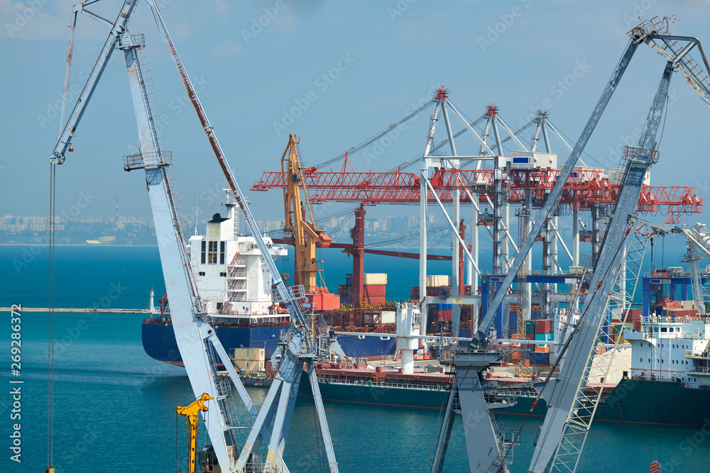 Industrial port, infrastructure of seaport, cranes and dry cargo ships