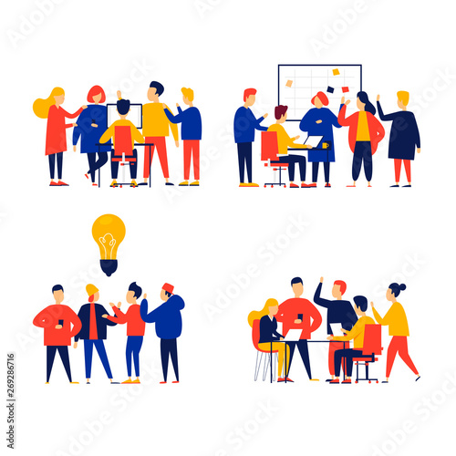 Office life, people work with computers, teamwork, meetings, team, brainstorming. Flat style vector illustration.	