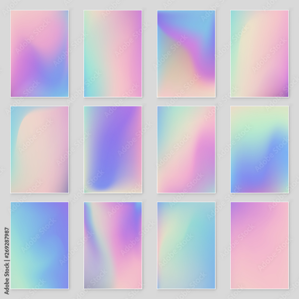 Holographic foil gradient iridescent background set. Empty template Holographic foil gradient iridescent background set. Empty template