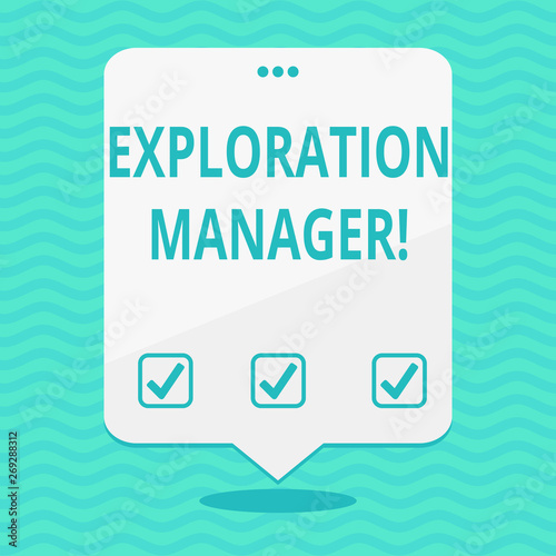 Text sign showing Exploration Manager. Business photo showcasing lead and operate the mining company s is exploration Blank Space White Speech Balloon Floating with Three Punched Holes on Top photo