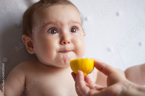 portrait of baby eating lemon