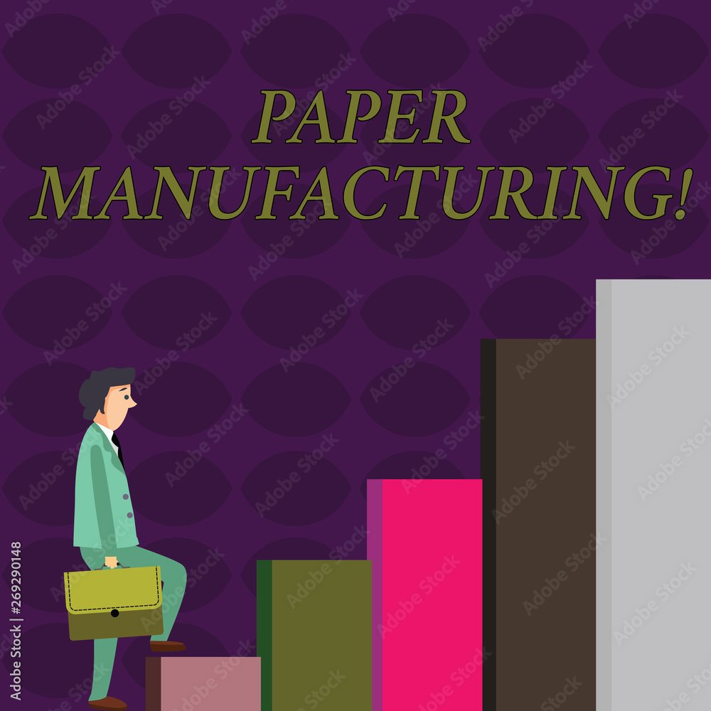 Text sign showing Paper Manufacturing. Business photo showcasing company that use wood as raw material and produce paper Businessman Carrying a Briefcase is in Pensive Expression while Climbing Up Text sign showing Paper Manufacturing. Business photo showcasing company that use wood as raw material and produce paper Businessman Carrying a Briefcase is in Pensive Expression while Climbing Up