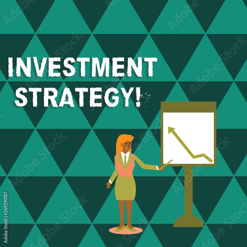 Writing note showing Investment Strategy. Business concept for the systematic plan to allocate investable assets Woman Holding Stick Pointing to Chart of Arrow on Whiteboard photo