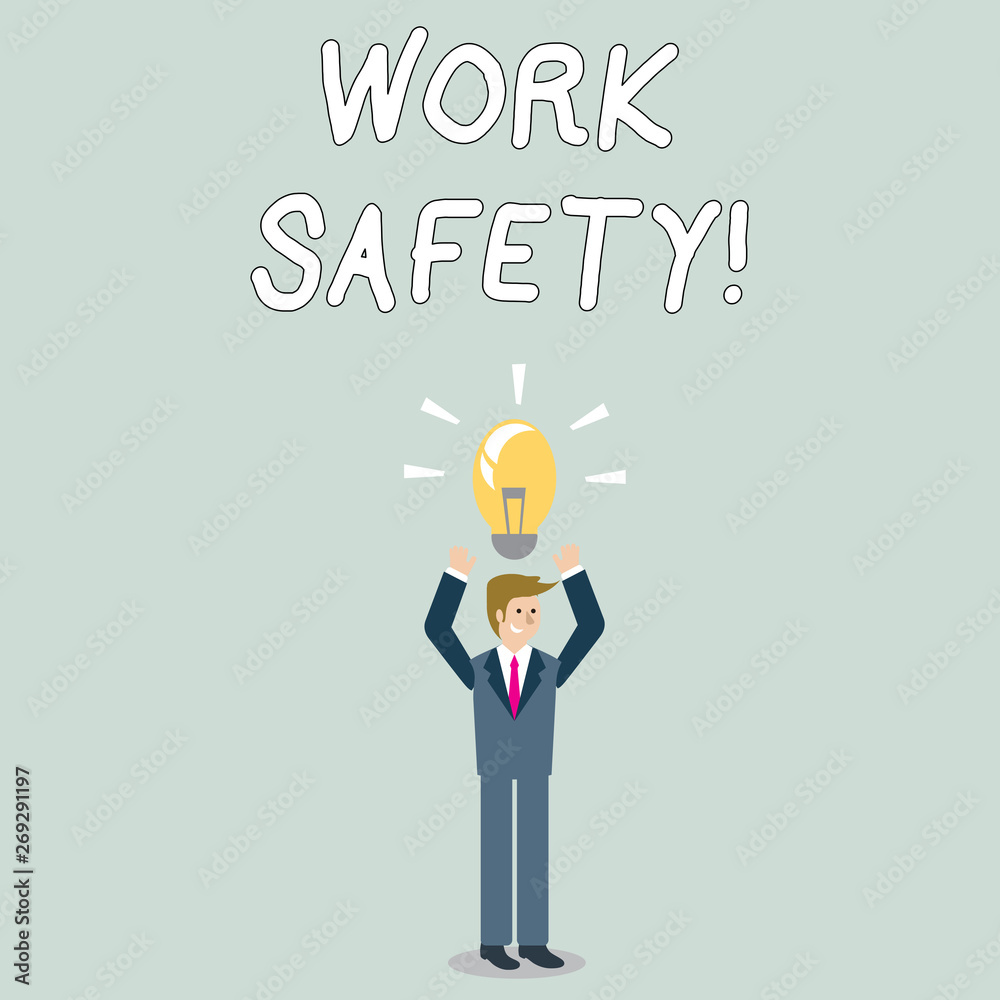 Word writing text Work Safety. Business photo showcasing policies and procedures in place to ensure health of employees Businessman Standing Raising Arms Upward with Lighted Bulb Icon on his Head Word writing text Work Safety. Business photo showcasing policies and procedures in place to ensure health of employees Businessman Standing Raising Arms Upward with Lighted Bulb Icon on his Head