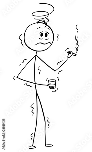 Vector cartoon stick figure drawing conceptual illustration of shaking drunk man holding smoking cigarette or cigar and glass of hard liquor. Concept or alcoholism.