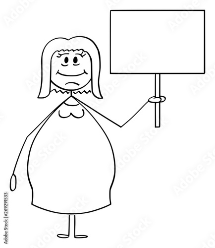 Vector cartoon stick figure drawing conceptual illustration of smiling overweight or obese woman holding empty sign ready for your text.