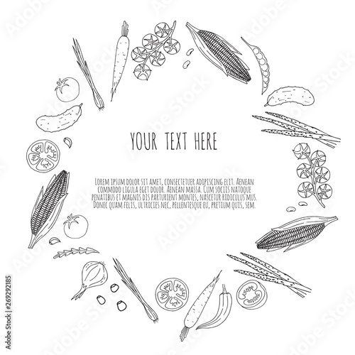 Hand drawn vegetables. Healthy food vector background. White on black
