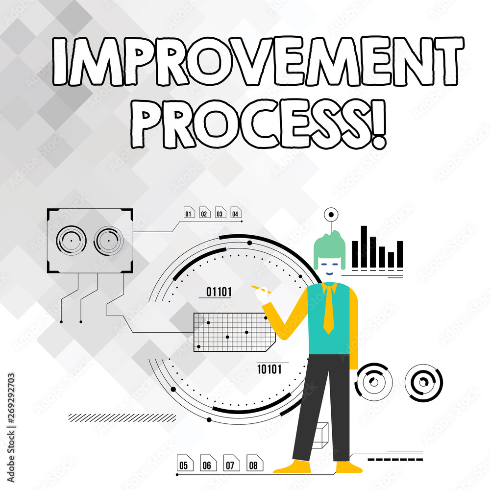 Word writing text Improvement Process. Business photo showcasing Ongoing effort to improve products and services Man Standing Holding Pen Pointing to Chart Diagram with SEO Process Icons