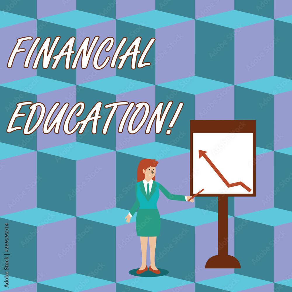 Handwriting text Financial Education. Conceptual photo education and understanding of various financial areas Businesswoman Holding Stick Pointing to Chart of Arrow Upward on Whiteboard Handwriting text Financial Education. Conceptual photo education and understanding of various financial areas Businesswoman Holding Stick Pointing to Chart of Arrow Upward on Whiteboard