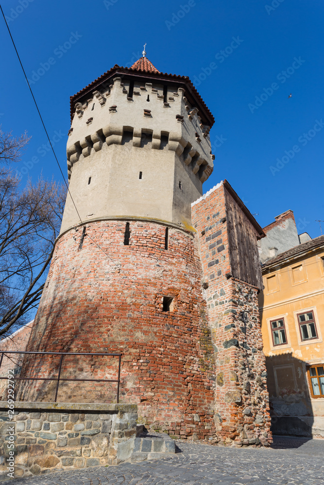 Medieval fortification system of walls and towers in famous Sibiu city in Transylvania Romania