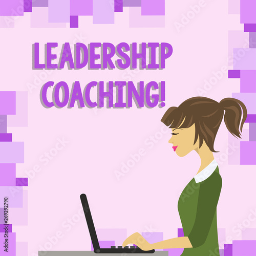 Word writing text Leadership Coaching. Business photo showcasing individualized process that builds a leader s is capability photo of Young Busy Woman Sitting Side View and Working on her Laptop