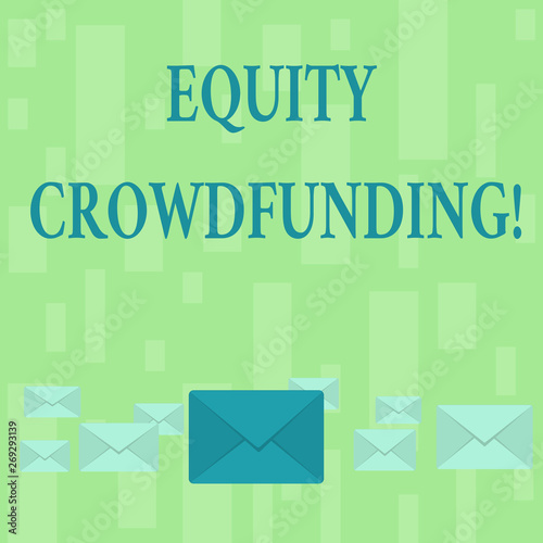 Handwriting text Equity Crowdfunding. Conceptual photo raising capital used by startups and earlystage company Pastel Color Closed Envelopes in Different Sizes with Big one in the Middle photo