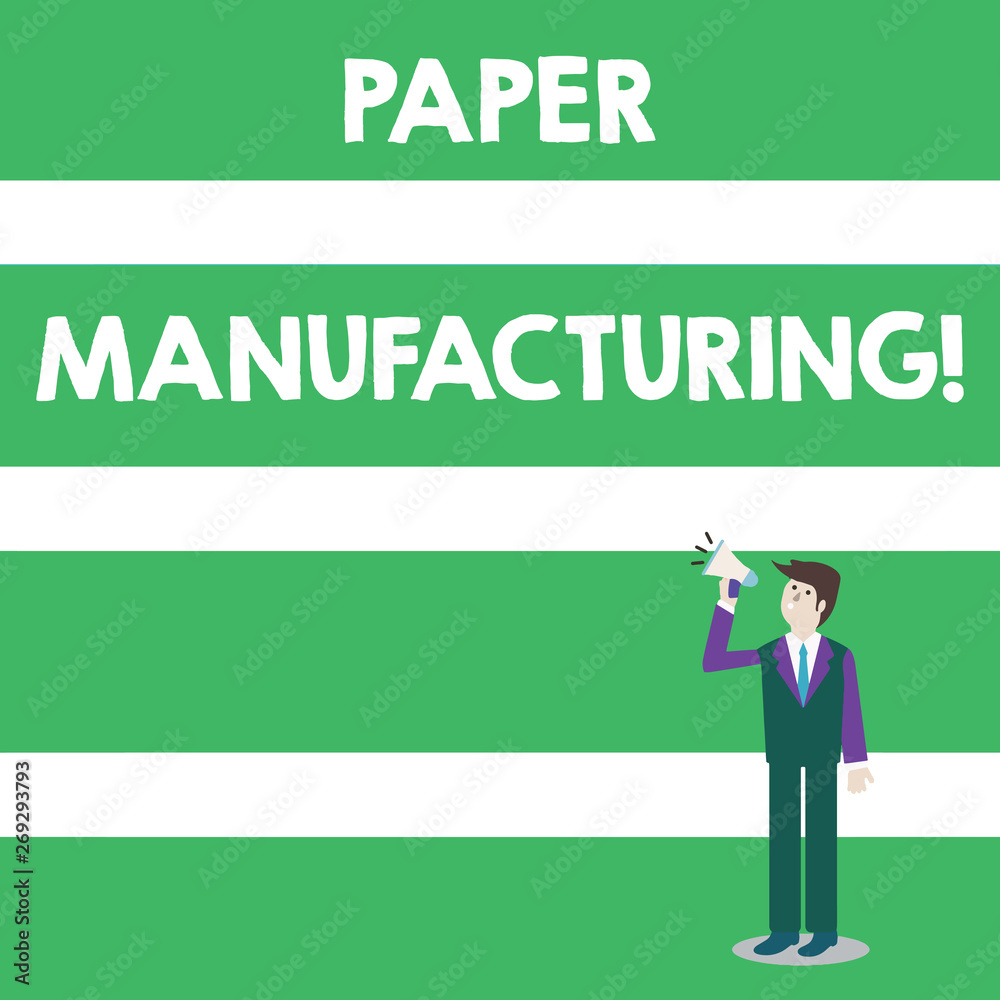 Text sign showing Paper Manufacturing. Business photo text company that use wood as raw material and produce paper Businessman Looking Up, Holding and Talking on Megaphone with Volume Icon Text sign showing Paper Manufacturing. Business photo text company that use wood as raw material and produce paper Businessman Looking Up, Holding and Talking on Megaphone with Volume Icon