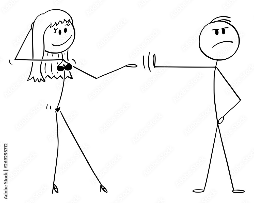 Vector cartoon stick figure drawing conceptual illustration of principled  or high-principled man rejecting sexy woman in lingerie offering him sexual  intercourse or sex. Stock Vector | Adobe Stock