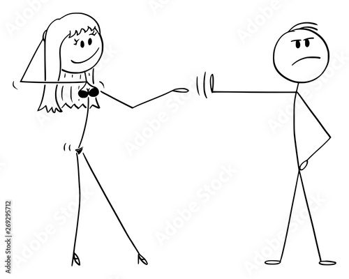 Vector cartoon stick figure drawing conceptual illustration of principled or high-principled man rejecting sexy woman in lingerie offering him sexual intercourse or sex.