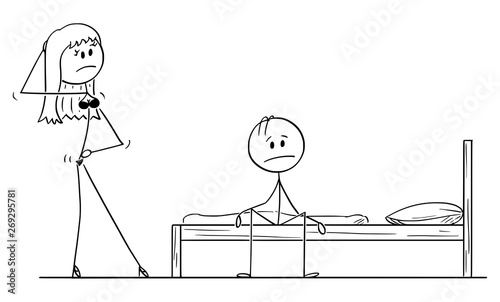 Vector cartoon stick figure drawing conceptual illustration of frustrated impotent man sitting on bed while sexy woman or wife in lingerie is offering him sexual intercourse or sex.