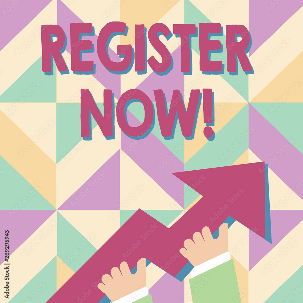Handwriting text Register Now. Conceptual photo official list or record showing or things into forum photo of Hand Holding Colorful Huge 3D Arrow Pointing and Going Up Handwriting text Register Now. Conceptual photo official list or record showing or things into forum photo of Hand Holding Colorful Huge 3D Arrow Pointing and Going Up