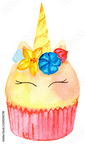 Cute magic unicorn cake in pink form. Watercolor illustration. Isolated on a white background.