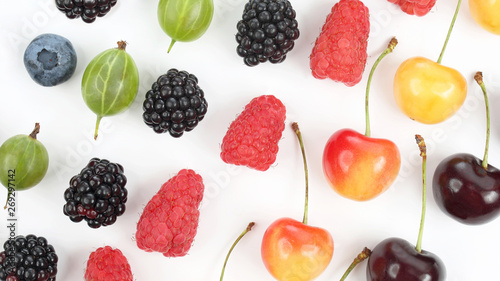 different berries in order laid out on a white background