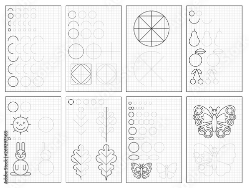 Set of black and white educational pages on square paper for kids. Printable worksheet for children textbook. Developing skills of counting, writing and tracing. Baby book. Back to school. 