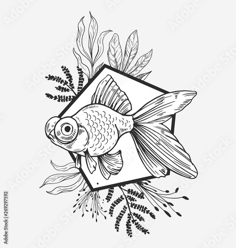 Goldfish, plants and geometry. Modern illustration. Great for printing on t-shirts, tattoo sketches. Vector