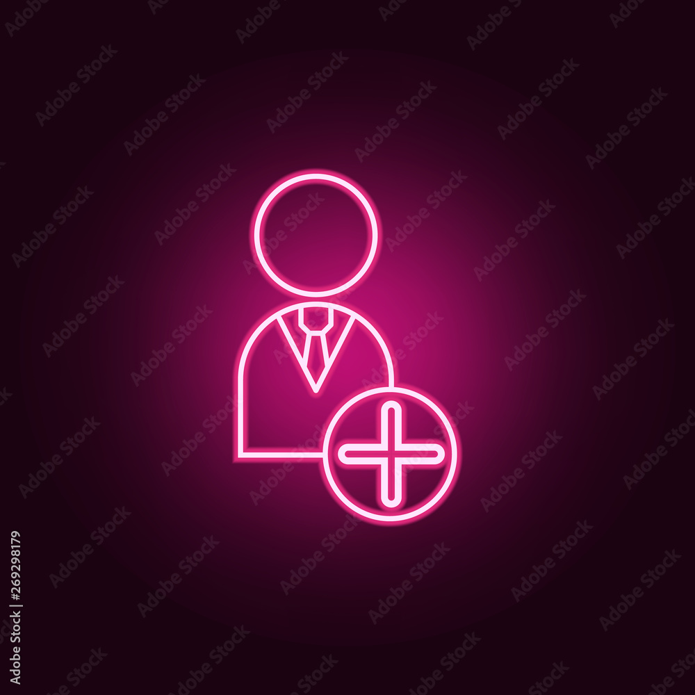 Employee plus neon icon. Elements of Team work set. Simple icon for websites, web design, mobile app, info graphics Employee plus neon icon. Elements of Team work set. Simple icon for websites, web design, mobile app, info graphics