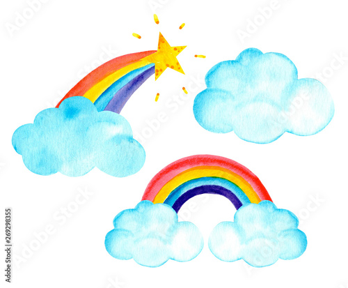 Sky magic set with clouds and rainbows. Watercolor illustration on a white background. Isolated.