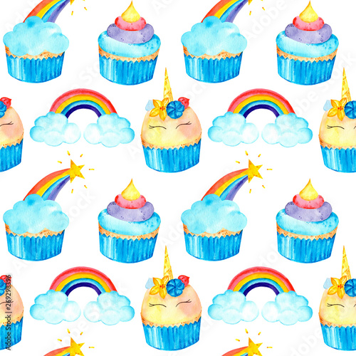 Magic seamless pattern with unicorn, cupcakes, and rainbow in a row. Watercolor illustration. Isolated on a white background.