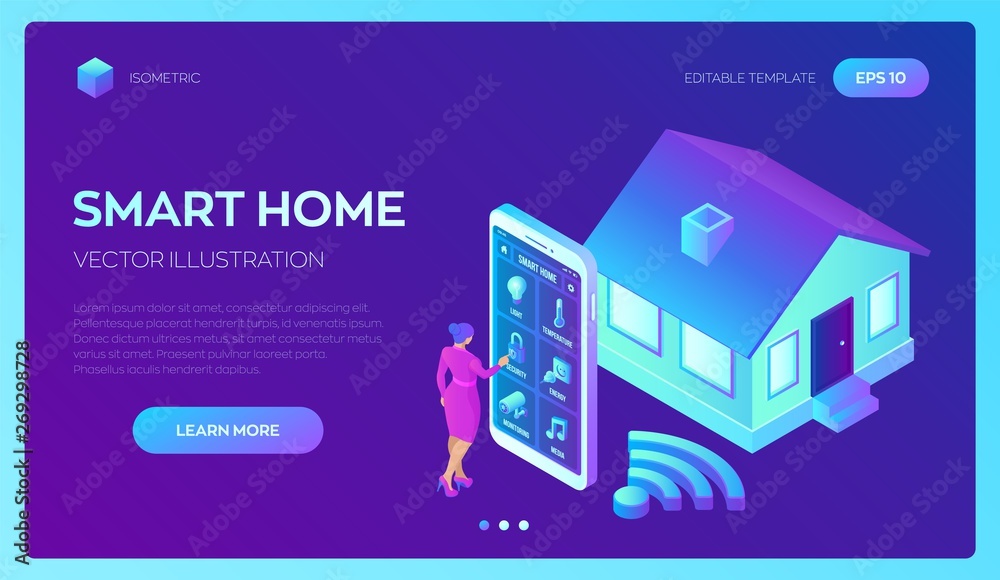 Stockvector Smart home system concept. 3D isometric remote house ...