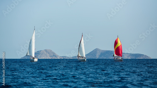 Sailing yacht boats at the Aegean Sea. Sailboats Regatta.