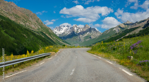 Blooming meadows and alpine nature surround the scenic mountain road in France.
